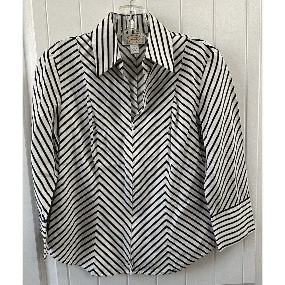 Talbots Black and White Striped 3/4 Sleeve Zip Front Collared Womens Top Size 2P